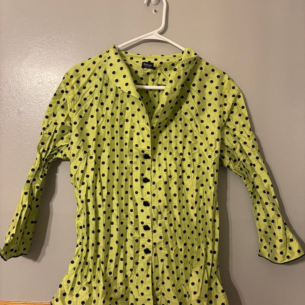 Beluva San Francisco Y2K Polka Dot Crinkle Blouse Green Black Womens Large